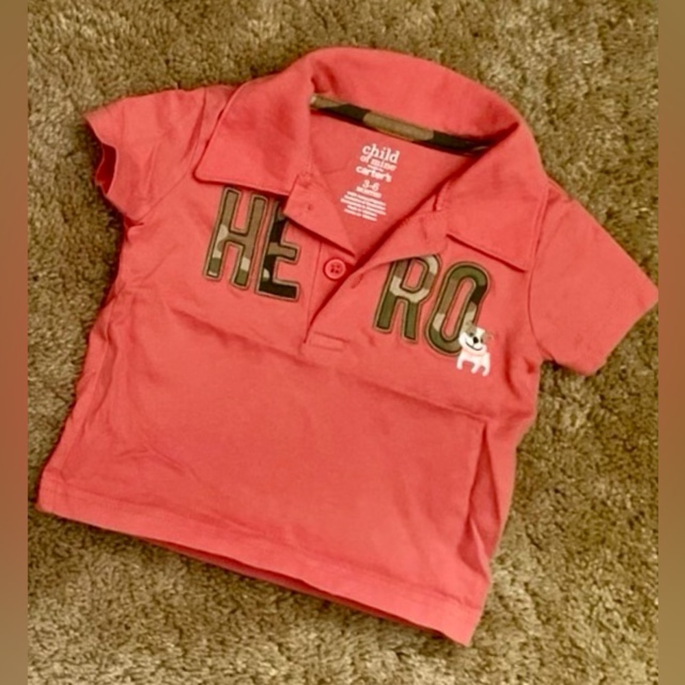 Coral “Hero” and Dog Themed 3-6 Months Short Sleeve Polo